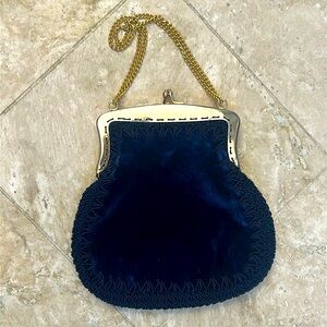 Deep Blue Velvet Handbag w Gold Chain Strap Gold Metal Frame Italian Opera Purse